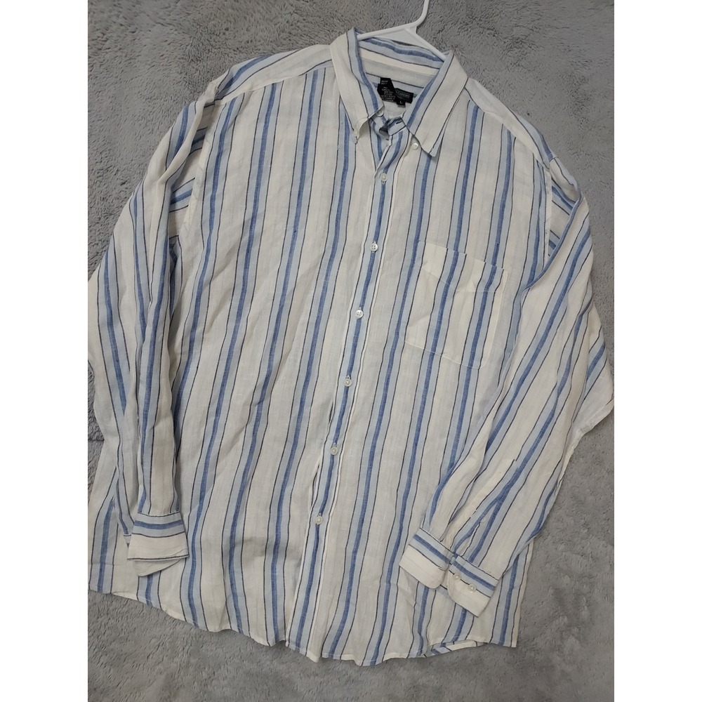 J Peterman Company Shirt Mens Large Linen Striped Button Down White Blue Preppy